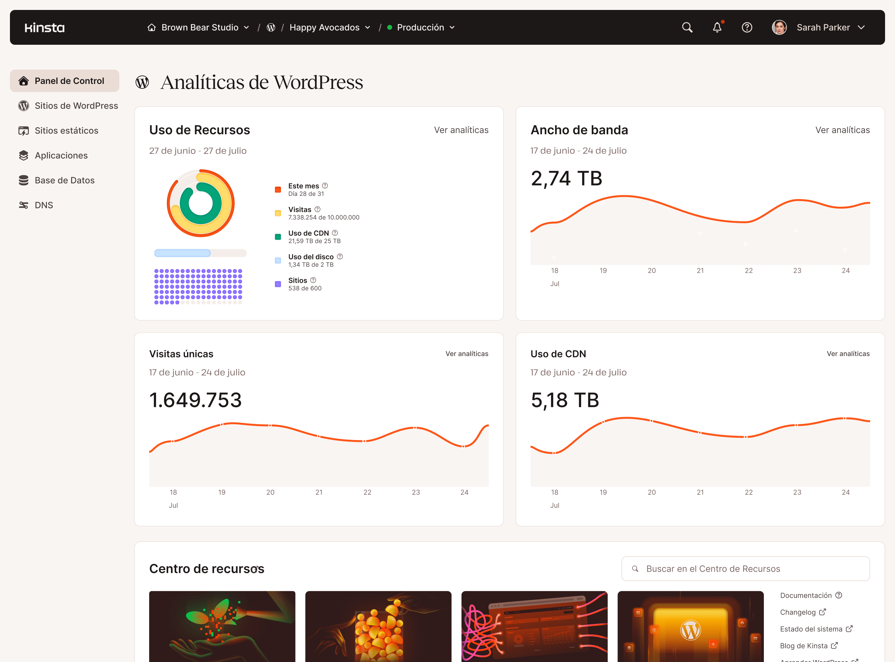 Panel de control de analítica del servidor web con tablas y gráficos
