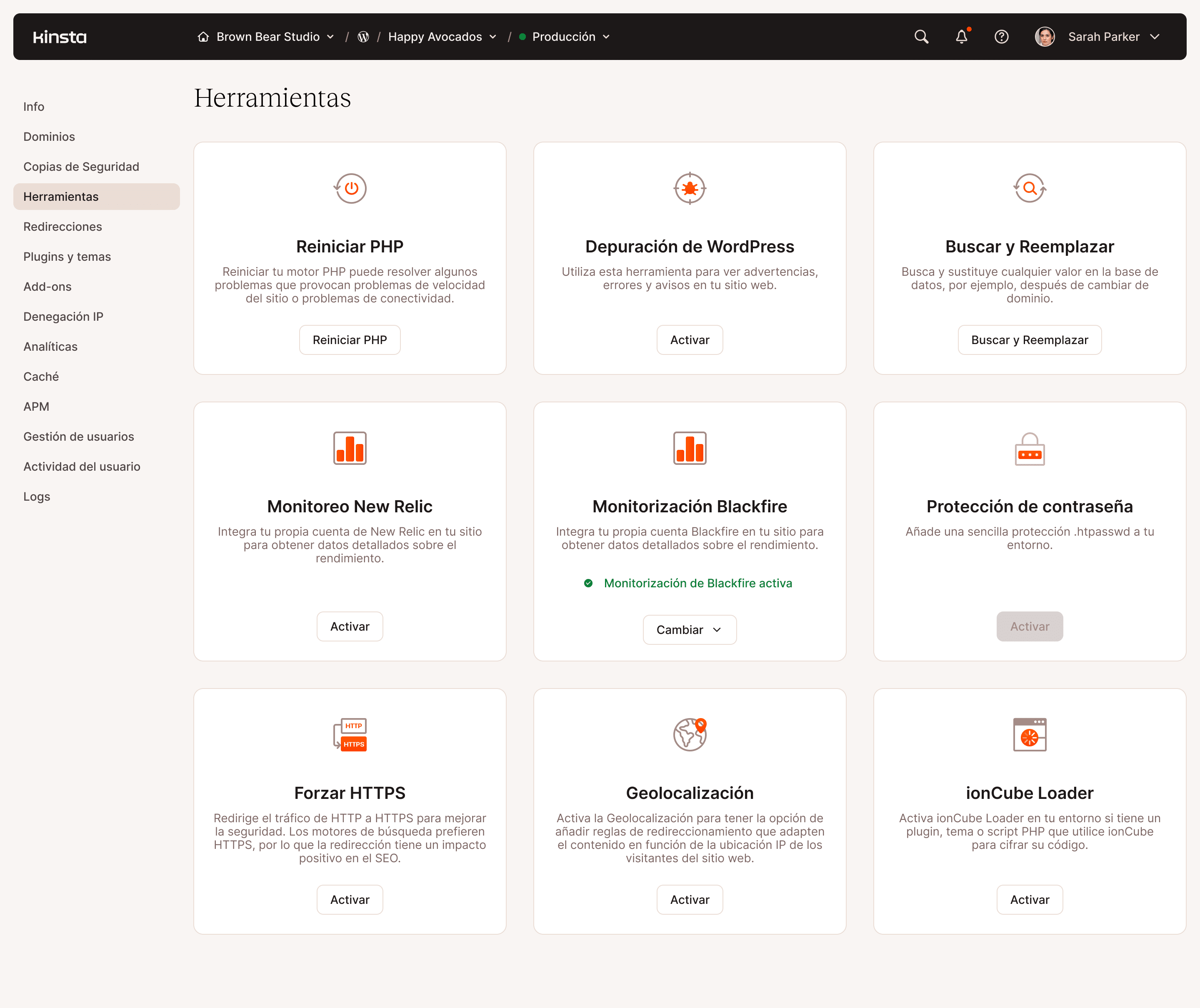 Panel de control de herramientas de administración del servidor