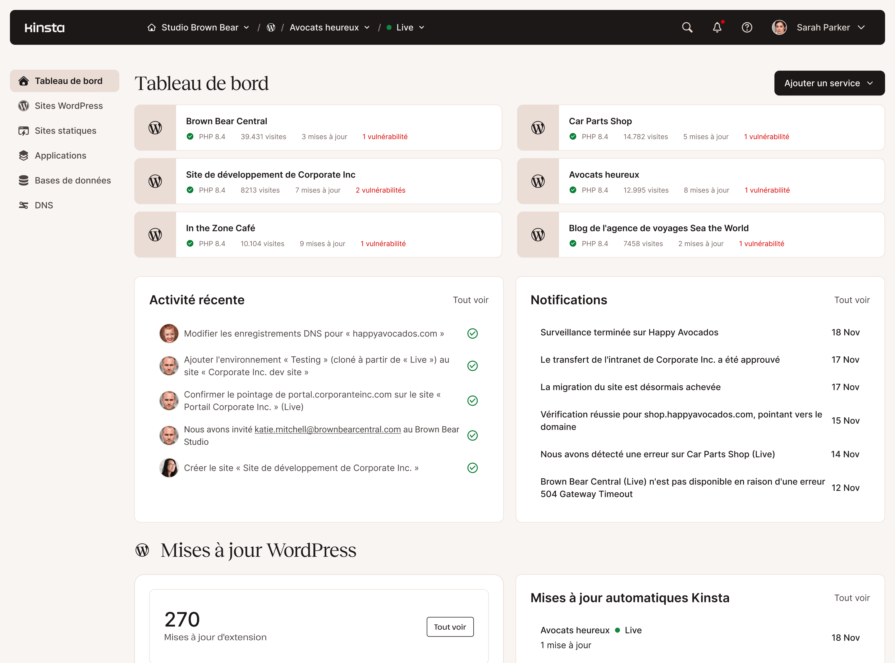 Tableau de bord d'administration du serveur