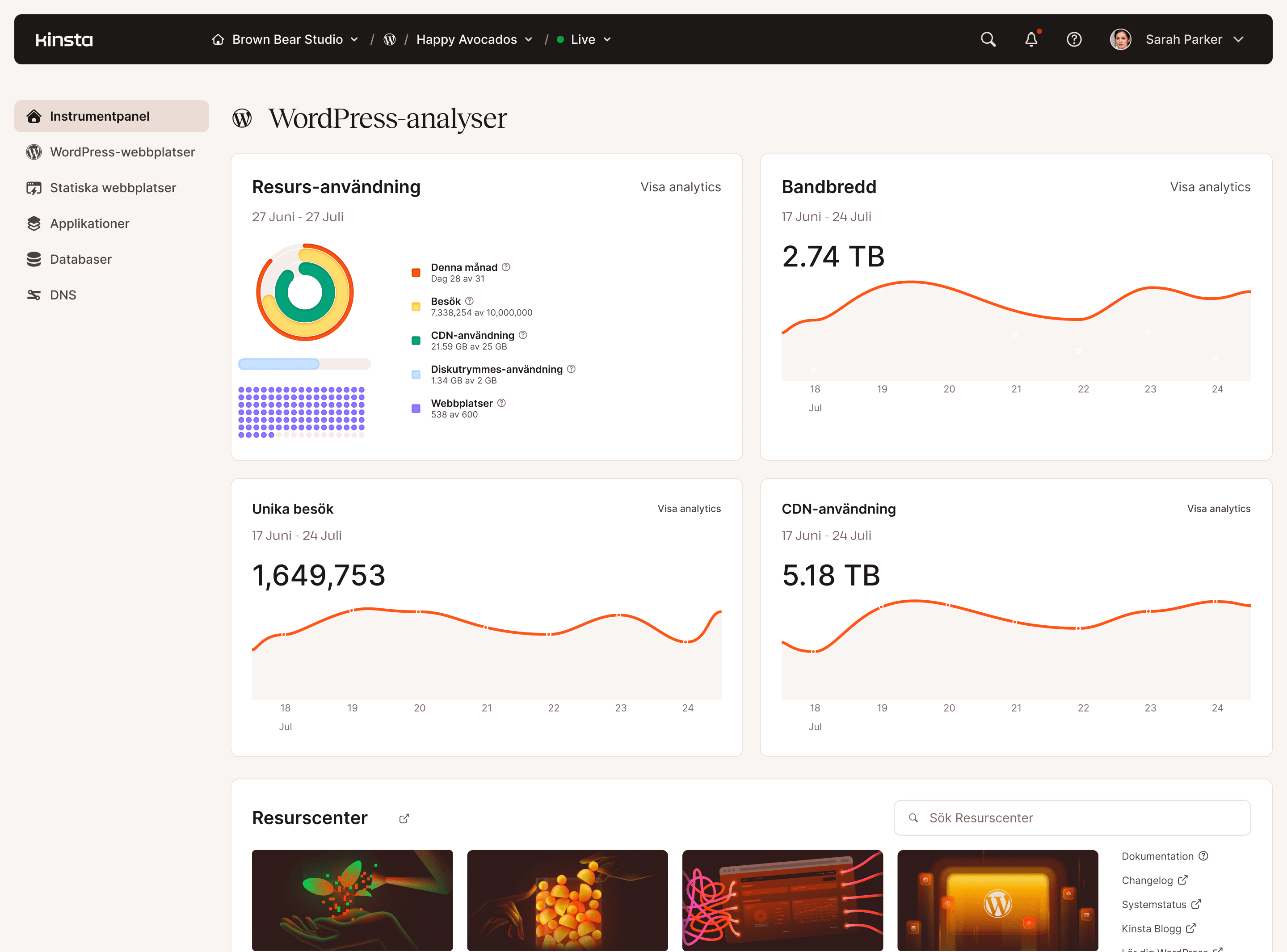 Instrumentpanel för webbserveranalys med diagram och grafer
