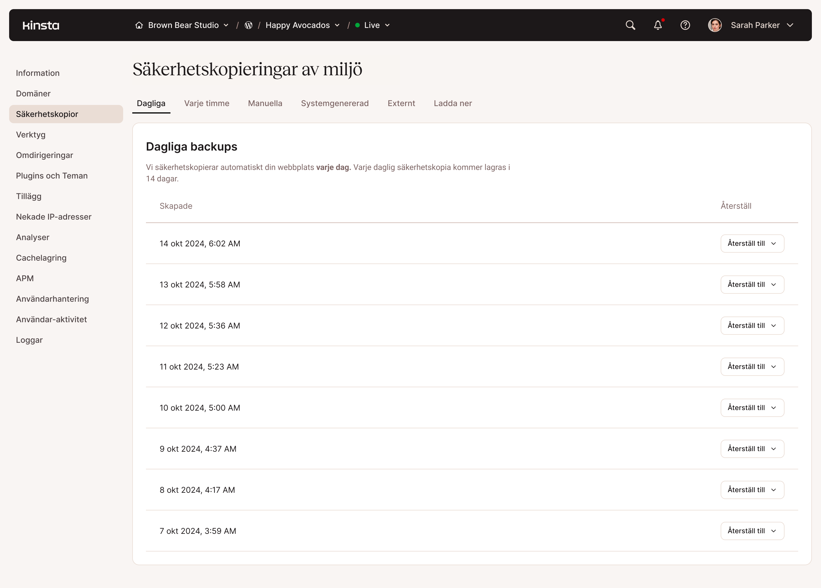 Webbhotell miljöer säkerhetskopiering konfigurationspanel